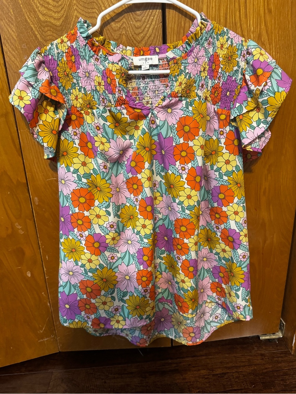Umgee Multicolor Floral Smocked Short Sleeve Blouse
